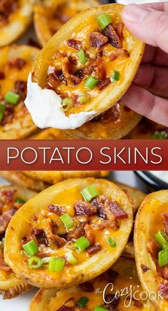 potato skins with bacon, chives, cheese, and sour cream Baked Potato Skins, Crispy Baked Potatoes, Creamy Pasta Recipes, Italian Recipes Dessert, Classic Appetizers, Vegetable Side Dishes Recipes, Side Dishes For Bbq