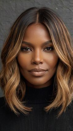 Women Hair Color Ideas Brown, Fall Color Bobs Black Women, Ombre Hair Color Black Women, Chocolate And Blonde Hair, Bob With Color For Black Women, Dark Skin With Colored Hair, Bob With Highlights Black Women, Highlights Without Bleach, Fall Bob