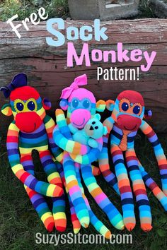 three sock monkeys sitting next to each other on the grass with text free sock monkey pattern