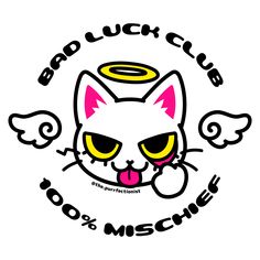 the logo for bad luck club, with an angel cat on it's head