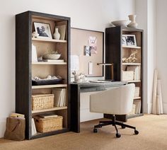 a home office with an open bookcase and desk