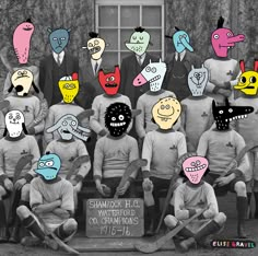 a group of people sitting next to each other in front of a building with masks on their faces