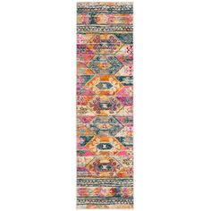 a multicolored runner rug with an ornate design on the bottom and sides,