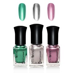 three nail polishes in different colors and shapes, one with chrome on the top