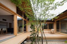 a wooden deck with chairs and trees in the foreground, next to an outdoor dining area