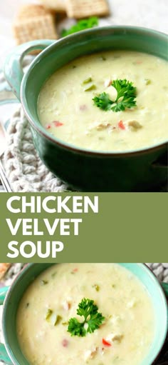 two pictures of chicken velvett soup with bread in the background