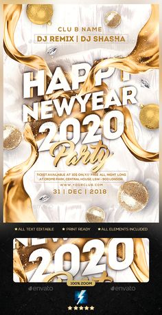 new year party flyer template with gold and silver decorations