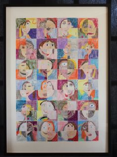 an art work with many different people drawn on paper and colored pencils in black frame