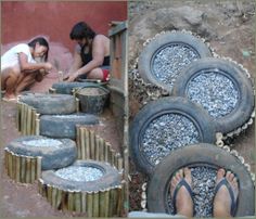 landscapes made of tires Recycled Tyres, Repurposed Tire, Reuse Old Tires, Tire Art, Garden Stairs