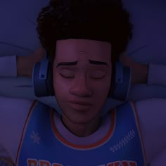 an animated image of a man with headphones resting on his back and looking at the camera