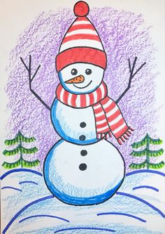 a drawing of a snowman wearing a red and white striped hat with trees in the background