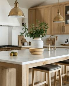 a kitchen island with two stools and a potted plant on it in the center