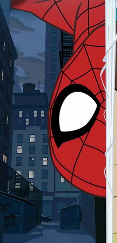 an animated spider - man looks out from behind a tall building