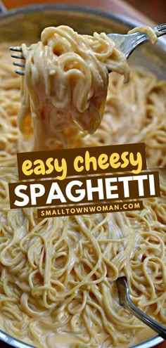 a spoon full of spaghetti with the words cheesy stove top spaghetti