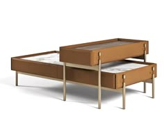 two beds with drawers on each side, one is brown and the other is white