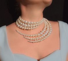 Big Chain Necklace, Beaded Wedding Jewelry, White Bead Necklace, Asymmetrical Necklace, Choker Necklace Designs, White Beaded Necklaces, Pearl Statement Necklace, Statement Collar Necklace