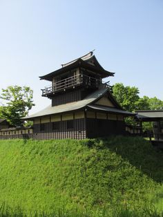 a tall building sitting on top of a lush green hillside