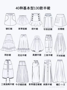 an image of different types of skirts in english and chinese text, with the words written below