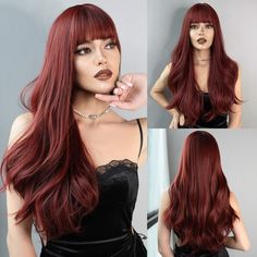 Long Wavy Dark Red Synthetic Wig - HairNjoy Black To Blonde Hair, Green Wig, Red Wigs, Ombre Wigs, Hair Setting, Black Wig, Short Bob Wigs, Short Wigs, Long Wigs