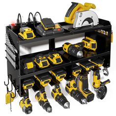 an assortment of tools are displayed on a shelf with wheels and drillers in it