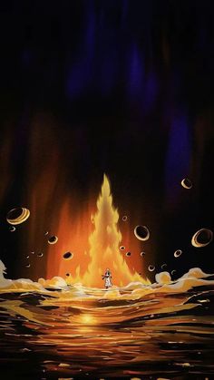 an image of a man standing in the water with fire and planets around him on a black background