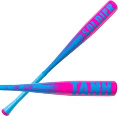 two pink and blue baseball bats on a white background