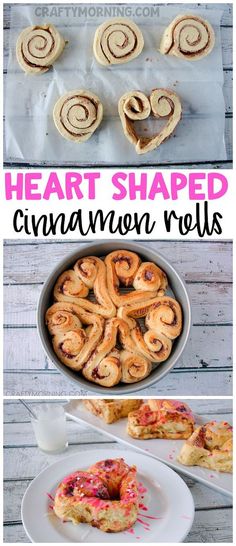 heart shaped cinnamon rolls on a plate and in a pan with the words, heart shaped cinnamon rolls