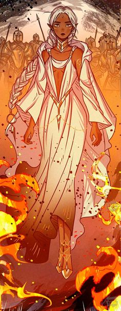 an image of a woman in white dress with flames around her and two swords on her head