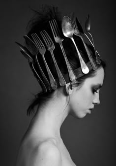 Crazy Hats, Forks And Spoons, White Photography, Headdress, Beauty And The Beast, Wearable Art, Photography Inspiration, Headpiece, Portrait Photography