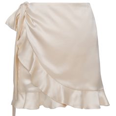 Elegant, softly draped mini wrap skirt made from silk satin. Individually adjustable by tying the waist at the side. Shimmering, glossy look, and Opaque finish thanks to lining. Elevate your ensemble with this statement piece, perfect for any occasion. Material: 100% Silk Lining: 100% Cotton   Made in Italy  Handwash, Cool iron on reverse, Turn garment inside out before cleaning, Do not bleach, Always check the garment care label for specific care instructions Short Silk Skirt, Rap Skirt, Lisa Skirt, White Silk Skirt, Creme White, Mini Wrap Skirt, Glossier Look, Bow Skirt, Garment Care Labels