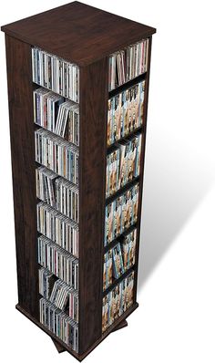 a tall wooden bookcase filled with lots of dvd's