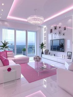 a living room filled with white furniture and pink carpeted flooring next to large windows