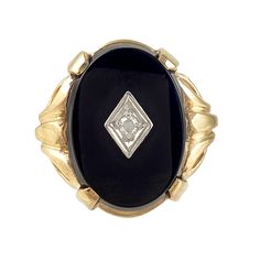 Timeless elegance! This 10K yellow gold ring features a black onyx oval with center diamond in a white gold diamond shape. The four prong setting has a decorative interlaced ribbon design leading to a straight shank. It's a beautiful vintage piece in wonderful condition. Vintage: 1960s Size: 6 3/4 Materials: 10K Yellow and White Gold, Black Onyx, Diamond Marked: 10K Black Onyx: approx. 15.75mm x 12mm oval Diamond: round single cut, 2mm, approx. .03 ct, I-1 clarity Width North to South: 11/16" Wi Elegant Black Oval Ring, Black Oval Diamond Ring For Anniversary, Classic Black Diamond Ring With Black Enamel, Classic Black Onyx Diamond Ring, Classic Black Signet Ring, Black Oval Rings With Diamond Accents, Elegant Formal Onyx Signet Ring, Formal Black Oval Ring, Formal Black Oval Rings