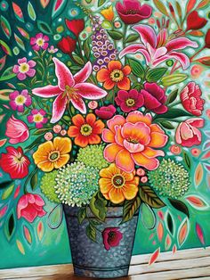 a painting of flowers in a vase on a window sill with green and red background