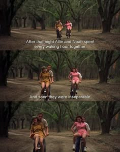 two people riding bikes on a dirt road with trees in the background and one person sitting on