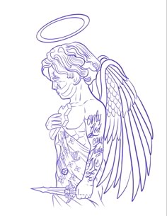 a drawing of an angel with blue ink on it's chest and wings, holding a