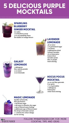 Purple Mocktails Mocktail Drinks, Fun Drink Recipe, Purple Drinks, Alcohol Free Drinks, Drink Recipes Nonalcoholic, Mixed Drinks Recipes, Cocktail Drinks Recipes, Mocktail Recipe