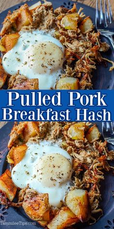 pulled pork breakfast hash browns on a blue plate with a fork and knife next to it