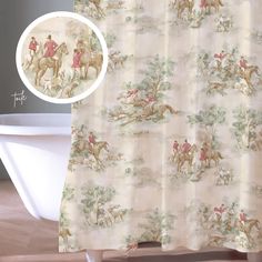 a shower curtain with an image of horses and riders on it next to a bathtub