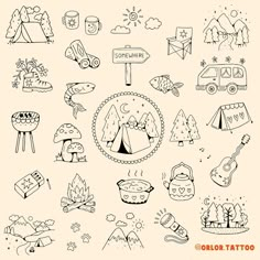 calling all happy campers 🏕️ and anyone that likes trees, mountains, or cute mushroom tattoos 🙃 camping flash now available woooo. I absolutely love going away in our campervan so I just had to do a camping themed flash now we are able to start going again 😅 all available for handpoke. as always I do deals when you book multiple designs in a session! use the link on my page for my booking form or just message me to enquire! can’t wait to tattoo these 🏔️ 🌲 ⛺️🍄🐟🪵🐾🌞🌳 @harmlesstattoo Braintre... Camping Flash Tattoo, Cute Camping Tattoos, Happy Camper Tattoo, Tattoo Ideas Camping, Matching Camping Tattoo, Tiny Camping Tattoo, Camping Tattoo Ideas Simple, Mountain Themed Tattoos