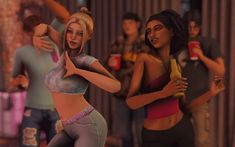 two animated women dancing in front of a group of other young people, some with their arms around each other