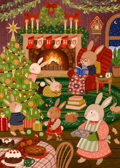 a painting of rabbits in front of a christmas tree with presents on the table and fireplace