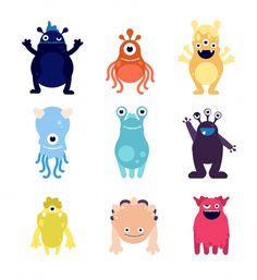 cartoon monsters with different colors and sizes