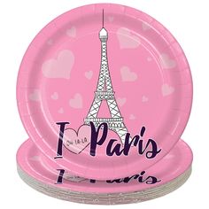 i love paris paper plates with the eiffel tower in pink and white on them