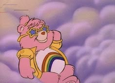 a cartoon bear flying through the air with a rainbow in his hand and stars on its chest