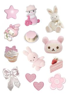 there are many different types of stuffed animals on this white background, including teddy bears and cakes