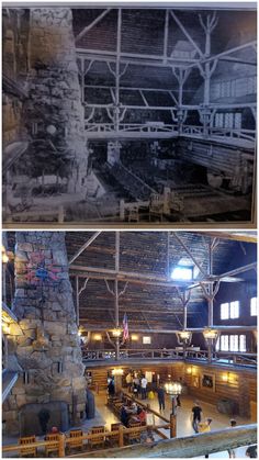 the inside of an old log cabin with people walking around and looking at it in black and white