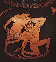 Theseus killing the Minotaur, detail of a vase painting by the Kleophrades Painter, 6th century bc; in the British Museum. Greek Vase, Benaki Museum, Ancient Greek Pottery, Greek Heroes, Greek Mythology Gods, Ancient Greek Art, Greek Pottery