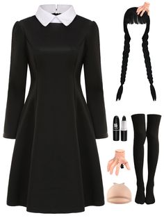 a black dress with white collar and long sleeves