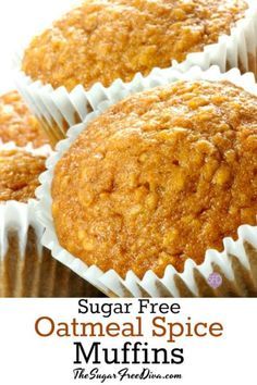 three sugar free oatmeal spice muffins in white paper wrappers